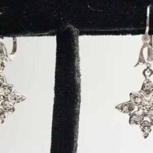 Silver star-shaped earrings on display stand.