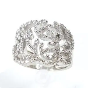 18k White Gold Pave Diamond Open Scroll Work Cluster Band Ring 7.5''
