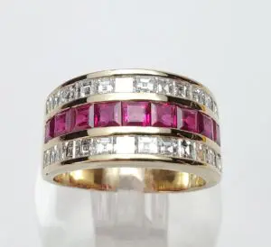 Gold ring with rubies and diamonds.