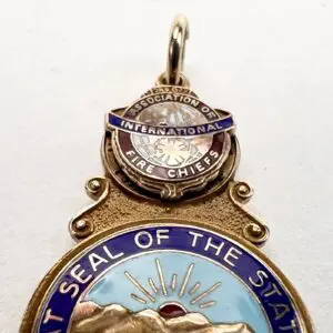 Gold badge with blue and white details.