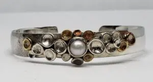 Sterling Silver 925 Pearl Muticolored Bangle Cuff Bracelet Hallmarked