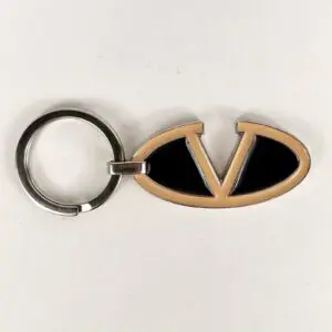 Valentino Vintage Silver-Tone Beige Black resin monogram Keychain