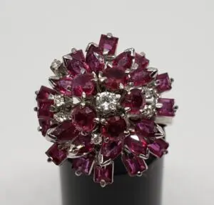 Vintage 18k White Gold Ruby Diamond Flower Floral Dome Cluster Cocktail Ring