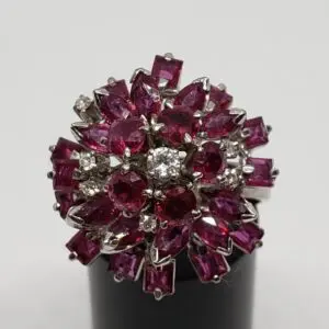 Vintage 18k White Gold Ruby Diamond Flower Floral Dome Cluster Cocktail Ring
