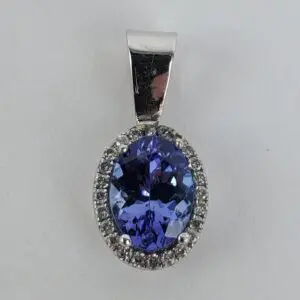 14k White Gold 1.15ctw Tanzanite Halo Diamond Drop Pendant 5/8''