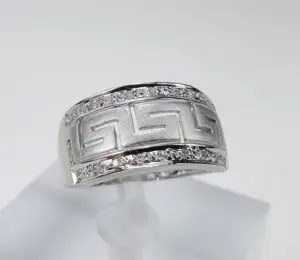 Silver ring with geometric pattern design.
