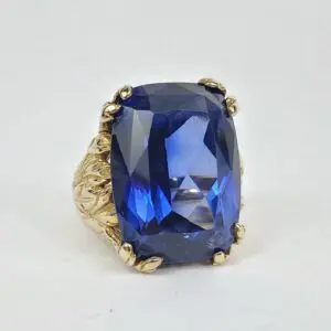 14k Yellow Gold 30ctw Lab Grown Blue Sapphire Leaf Solitaire Cocktail Ring 4''