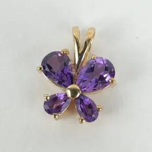 14k Yellow Gold Amethyst Clover Butterfly Love Dangle Drop Pendant 5/8''