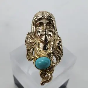 14k Yellow Gold Art Nouveau Flowing Long Hair Lady Wide Dinner Cocktail Ring