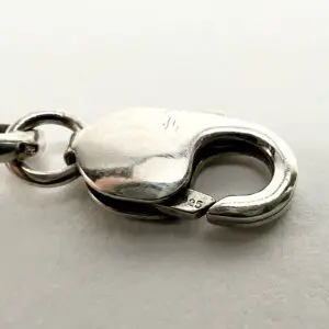 Silver lobster clasp on white background.