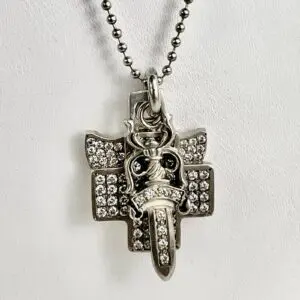 Chrome Hearts 925 Sterling Silver Three Trinkets Pave Diamond Pendant Necklace