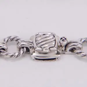 Silver chain bracelet with clasp detail.