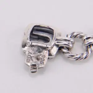 Silver bracelet clasp with twisted design.