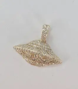 Ice Box 14k Yellow Gold .95ctw Pave Diamond 3D UFO Alien Drop Pendant 7/8''