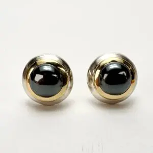 Tiffany & Co. 925 Silver & 18k Gold Hematite Round Dome Omega Back Earrings