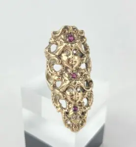 10k 14k Yellow Gold Vintage Natural Diamond Ruby 3 Face Shield Dinner Ring