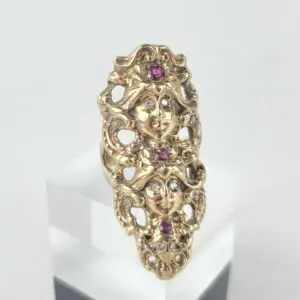 10k 14k Yellow Gold Vintage Natural Diamond Ruby 3 Face Shield Dinner Ring
