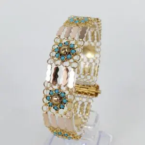 14k Multi-Tone Gold Bezel Set Blue Stone Textured Custom Filigree Bracelet 6 3/4
