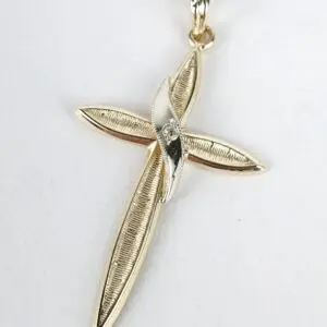 14k Multi-Tone Gold Diamond Christian Catholic Cross Drop Pendant 1 1/4''
