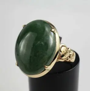 14k Yellow Gold 8ct Green Jadeite Jade Cabochon Solitaire Ring Adjustable 6-7.5'