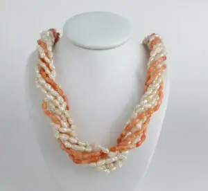 14k Yellow Gold Biwa Seed Pearl Natural Pink Coral 9 Strand Bead Necklace