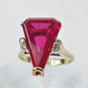 14k Yellow Gold Kite Triangle Shape Lab Grown Unique Ruby Cocktail Ring 9''