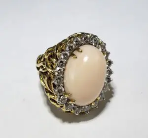18k Two Tone Yellow & White Gold Large Angel Skin Coral Diamond Cocktail Ring