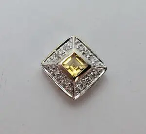 18k White Gold Princess Cut Citrine Diamond Halo Square Slider Pendant 1/2''