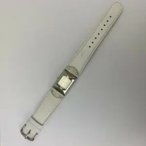 White leather strap with silver buckle.