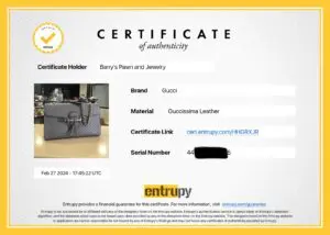 Certificate of authenticity for a Gucci bag.