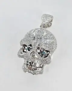 14k White Gold 2.40ctw Pave Diamond 3D Skull Cluster Drop Dangle Pendant