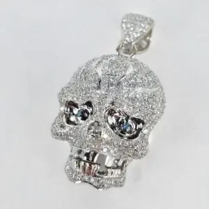 14k White Gold 2.40ctw Pave Diamond 3D Skull Cluster Drop Dangle Pendant