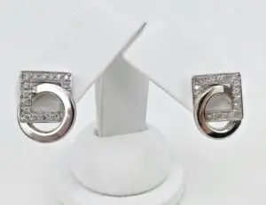 Silver and diamond square circle earrings.