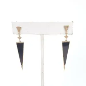 14k Yellow Gold Black Onyx Diamond Dangle Dangling Stiletto Earrings 2 1/8''