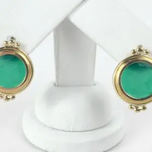 14k Yellow Gold Green Stone Intaglio Leverback Drop Earrings 7/8''