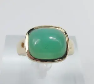Gold ring with green gemstone centerpiece.