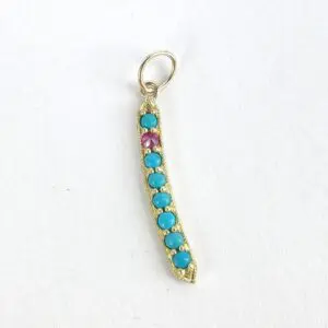 14k Yellow Gold Turquoise Ruby Granulated Feather Stick Style Drop Pendant 1 1/8