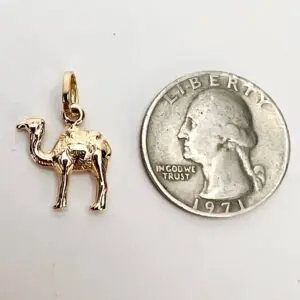 Gold camel charm beside a quarter coin.
