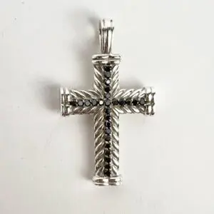 David Yurman 925 Sterling Silver Black Diamond Chevron Cross Pendant 2''