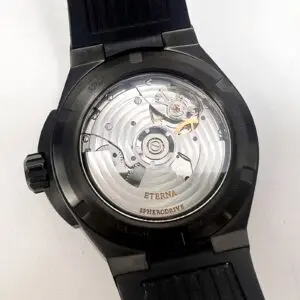 Watch back showcasing Eterna Spherodrive mechanism.