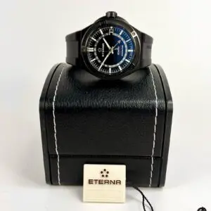 Black Eterna watch on leather display box.