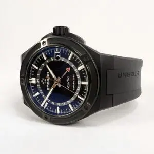 Black wristwatch with blue and black dial.