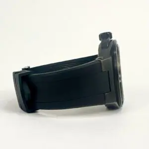 Black wristwatch with a rubber strap.