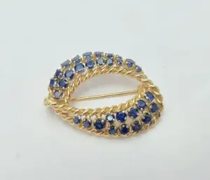 Vintage 14k Yellow Gold 2.95ctw Natural Blue Sapphire Oval Brooch Pin 1 3/8''
