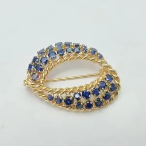Vintage 14k Yellow Gold 2.95ctw Natural Blue Sapphire Oval Brooch Pin 1 3/8''
