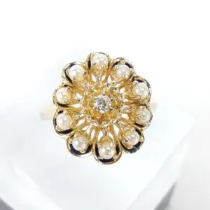 Vintage 14k Yellow Gold Diamond Halo Pearl Open Work Cocktail Ring 8.5''