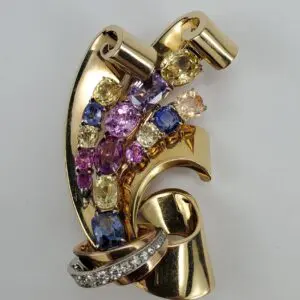 Vintage Retro 14k Yellow Gold 19.00ctw Unheated Colored Sapphire Pin Brooch