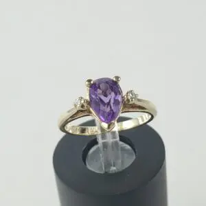 10k Yellow Gold Pear Amethyst Diamond Cockatil Band Pinky Style Ring 3''