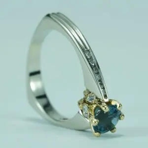 14k Two Tone White Yellow Gold Modern Unique London Blue Topaz Diamond Ring