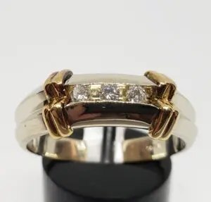 14k Two Tone White & Yellow Gold Natural Diamond Three 3 Stone Men's Ring
